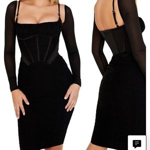 House of CB Freyja satin ruched long sleeve body-con dress